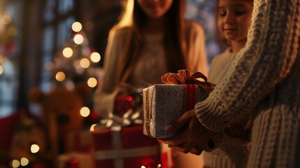 Close up of a family celebrating christmas together, exchanging gifts and spreading holiday joy