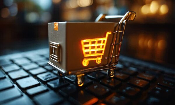 Miniature shopping cart with a glowing shopping cart icon on a cardboard box, sitting on a laptop keyboard.