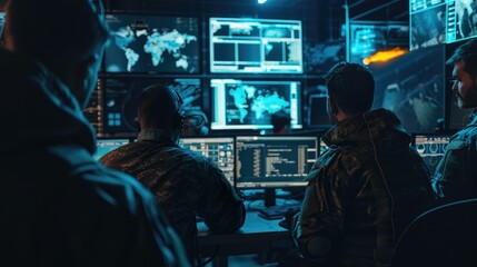 A group of men sitting in front of computer screens, focused on their work