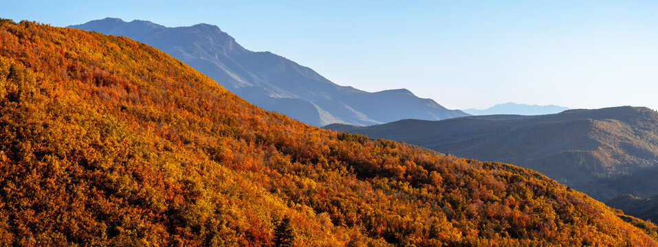 Panoramic view of Wasatch mountain range from Mt Nebo overlook Utah.