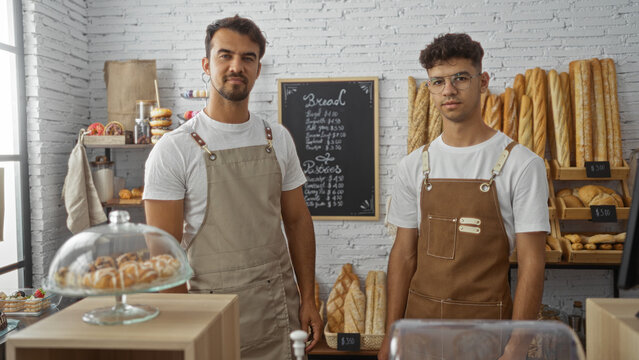 Men standing together in a bakery interior, showcasing various bread and pastries, wearing aprons, with a bread menu on the wall behind them.