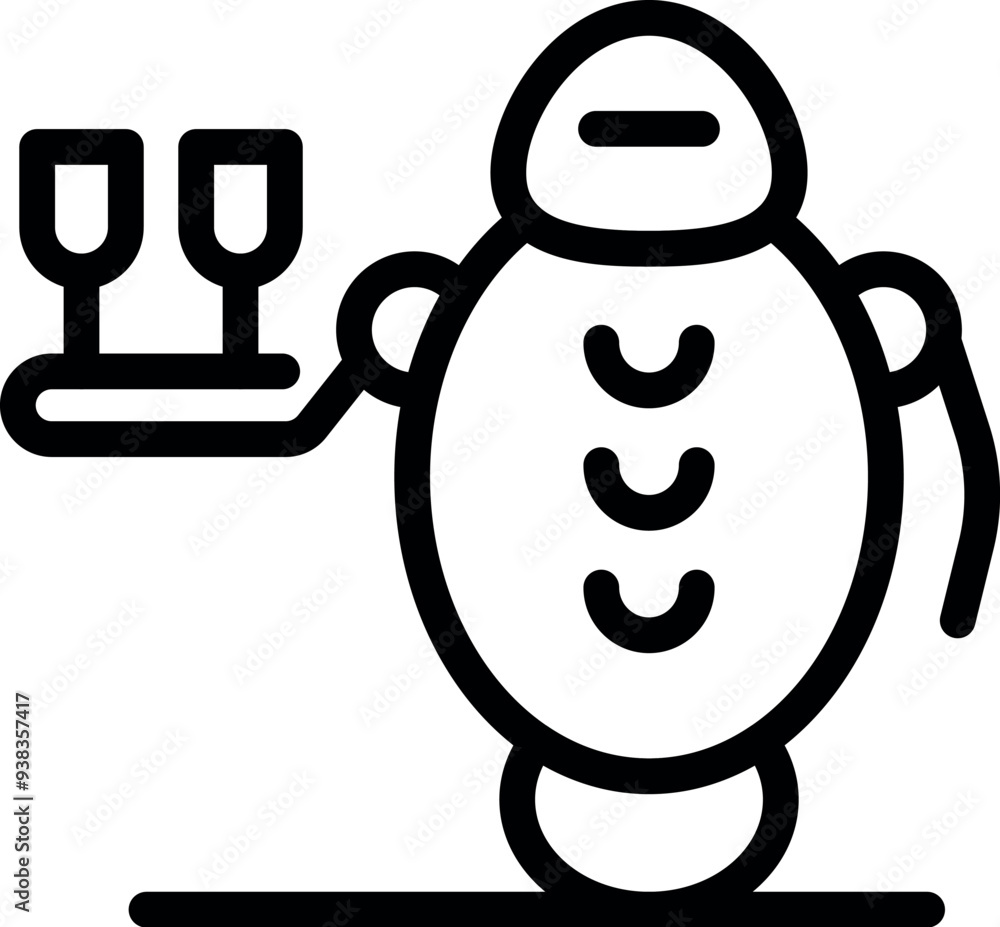 Poster line art icon of a robot waiter carrying two wine glasses on a tray, representing automation in the 