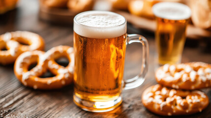 A refreshing beer mug paired with delicious pretzels, perfect for gatherings or festive occasions.