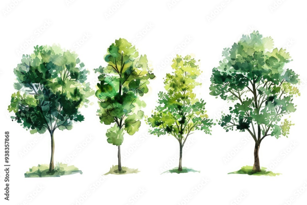 Poster a group of colorful trees depicted in watercolor style on a plain white background, ideal for use in