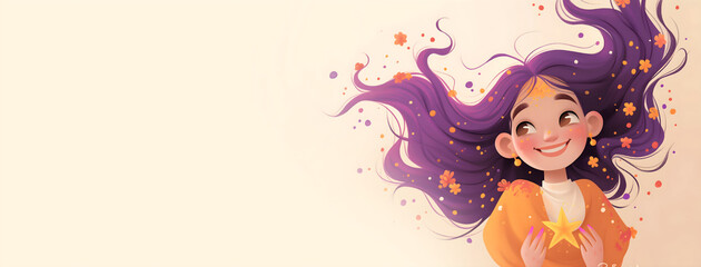 Sorceress and magic star dust in her hands. Magic and sorcery. Banner, flyer for children's festive party with tricks.