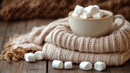 Fototapeta na wymiar Cozy sweaters and a warm coffee cup with marshmallows on a wooden table in autumn