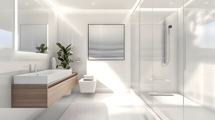 A sleek, modern minimalist bathroom with a floating vanity, white walls, and a frameless glass shower enclosure, featuring a single piece of wall art for a subtle touch of style