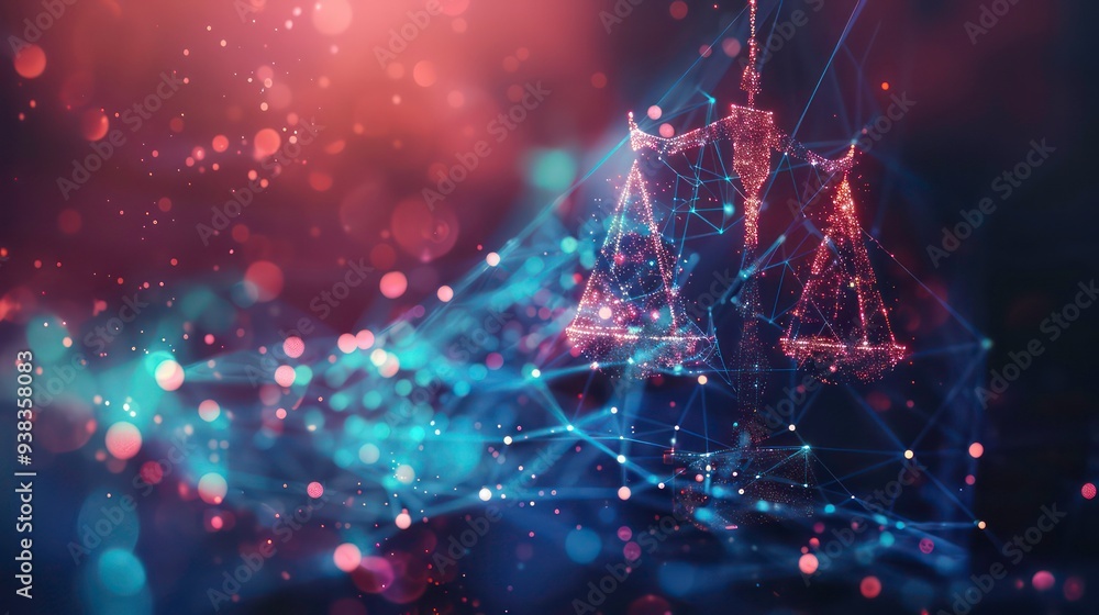Poster abstract scales of justice, glowing with light, connected by lines, creating a mesh-like network, on