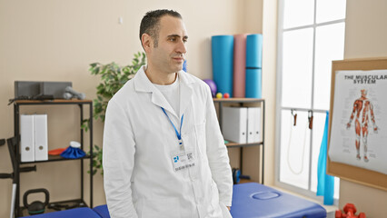 A confident hispanic man in a white lab coat stands in a well-equipped rehabilitation clinic's therapy room.