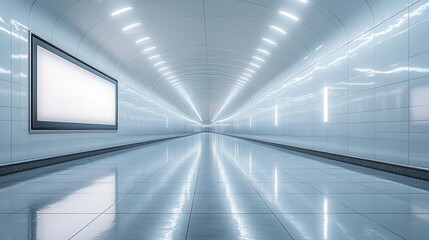 Obraz premium underground passage with two large blank digital billboards their screens glowing in the dim tunnel light reflective floor and curved walls create an immersive advertising space