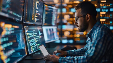 Intense hacker in a high tech environment surrounded by screens displaying code and data