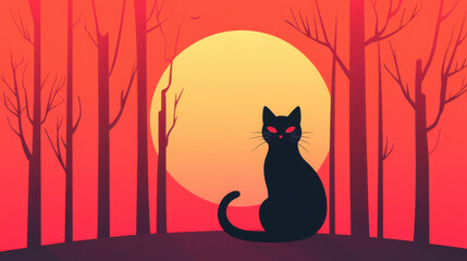 A whimsical black cat silhouettes against a vibrant sunset in a barren forest, creating a mystical atmosphere.