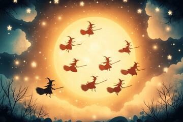 Naklejka premium A whimsical illustration of witches flying across a glowing moon under a starry sky, perfect for Halloween-themed projects.