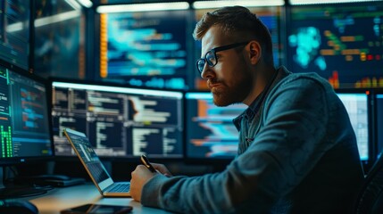 Intense hacker focused on notebook amidst multiple screens of code and digital data display