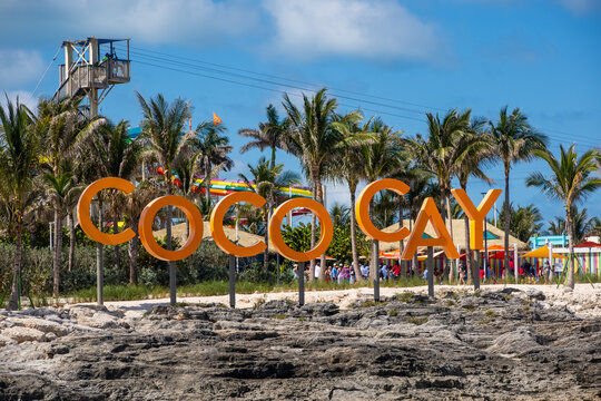 Coco Cay island sign is a cruise line port located in the Bahamas. It is a private island leased to Royal Caribbean cruise line company .