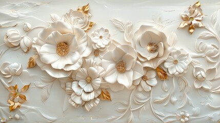 carved white and gold flowers over marble background