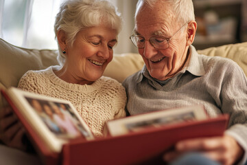 An elderly couple joyfully sharing memories while looking at a photo album at home, capturing love and nostalgia.