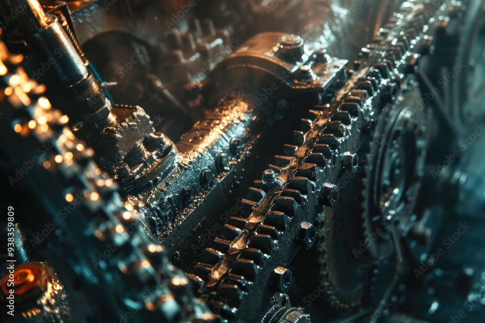 Poster A detailed view of a machine's internal mechanism, featuring interlocking gears and mechanical components