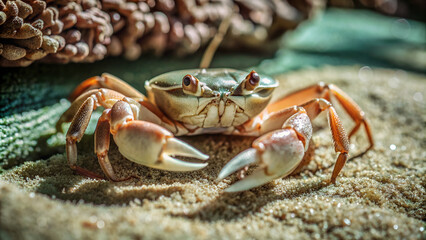 a close-up of a crab with a greenish-brown shell and large eyes