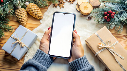 Close-up shows a woman's hand holding a phone with a blank white screen, decorated in a Christmas theme