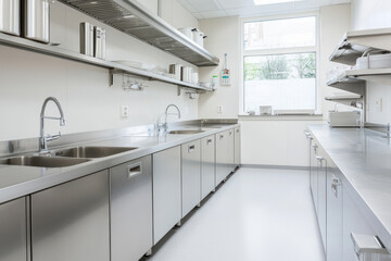 Modern and clean kitchen interior with stainless steel counters and sinks, perfect for culinary projects or restaurant setups.