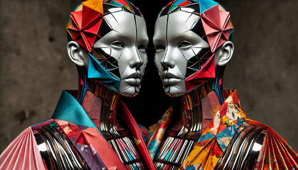 High fashion woman wearing a metal mask and origami kimono themed cyberpunk clothing, Futuristic world 
