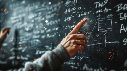 A teacher's hand pointing to an advanced math problem on a blackboard, surrounded by floating chalk dust, reflecting the concept and theory of science and mathematics in a classroom.