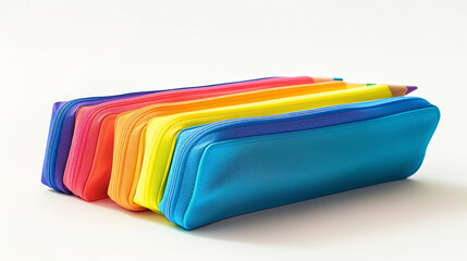 Several colorful pencil cases, rainbow colors
