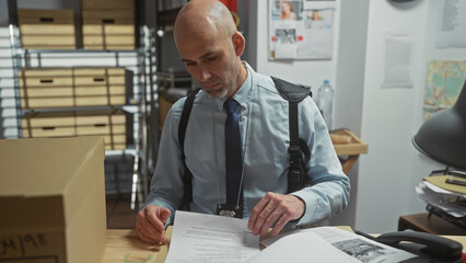 A bald man with a beard dressed as a detective examines documents in a cluttered police station...