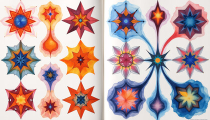 Watercolor book filled with abstract geometric patterns and designs showcasing bright colors and unique artistic interpretations.