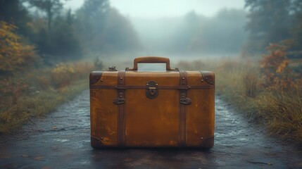 wanderlust personified vintage leather suitcase standing alone on a misty path surrounded by dreamy watercolorstyle landscapes hinting at exotic destinations