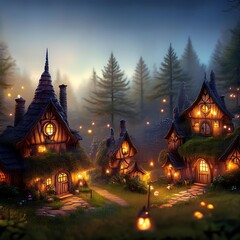 Fototapeta premium Glowing Lights In Fantasy Forest Village Illustration