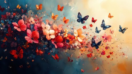 watercolor bouquet exploding into a kaleidoscope of butterflies and hummingbirds vibrant colors dynamic motion ethereal beauty