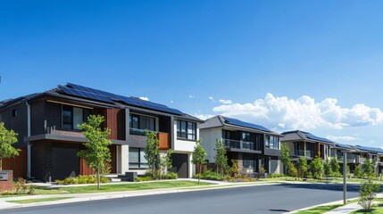 Sustainable Suburbia: Modern Homes with Solar Panels Basking in the Sunshine of a Bright Day.