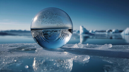 Obraz premium Frosted Glass Orb on Ice in a Clear Blue Landscape, Upside down view of glass sphere, Crystal ball landscape, Close-up of crystal ball on snow covered land