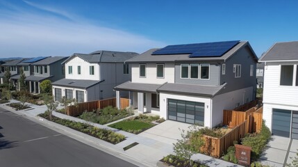 Sustainable Suburbia: Modern Homes with Solar Panels Basking in the Sunshine of a Bright Day.