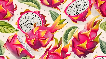 Seamless pattern of vibrant pink dragon fruit with green leaves on a white background.
