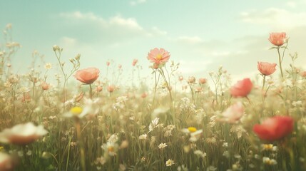 Obraz premium A soft, dreamy field of wildflowers with a pastel sky in the background.