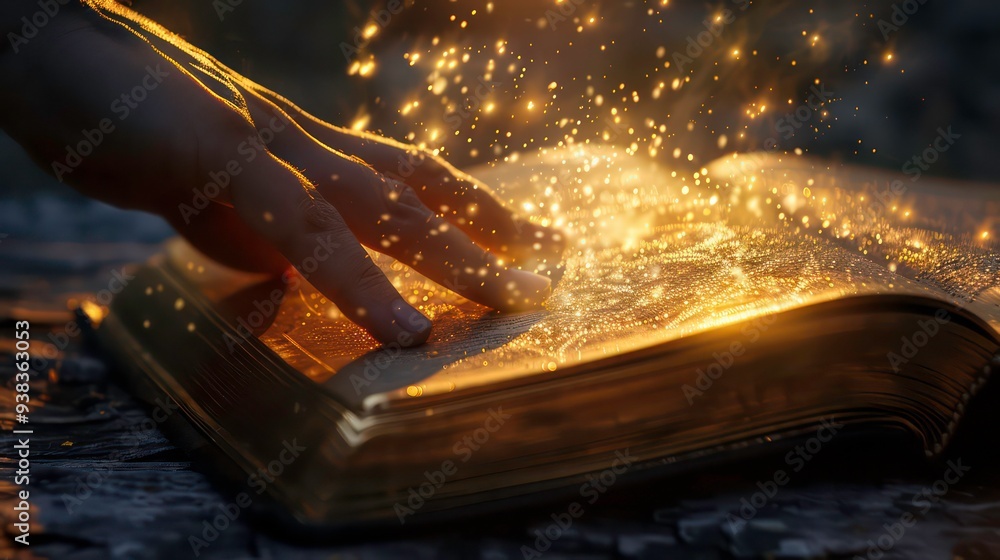 Wall mural a hand reaches into an open book, causing golden sparkles to fly out.