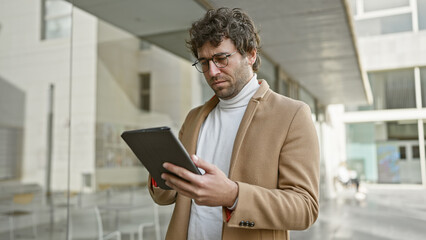 A focused hispanic man with a beard uses a tablet on a city street, embodying urban professionalism and modern technology.