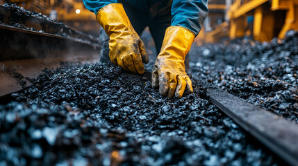 worker wearing bright yellow rubber gloves, emphasizing safety, protection, and hygiene in a professional setting