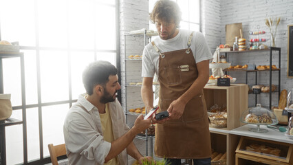 Two men in a bakery, with one man acting as a waiter in an apron while the other man appears to be...