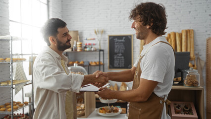 Men shaking hands in a bakery shop, one wearing an apron representing a baker, while the other is a...