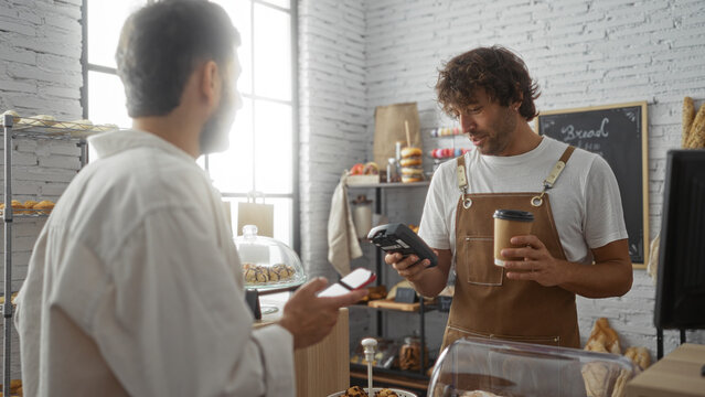 Customer paying baker with phone as barista stands behind counter at bakery interior with pastries and bread displayed
