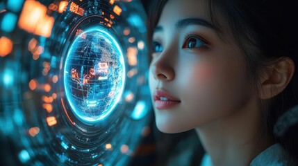 Fototapeta premium woman immersed in virtual reality face illuminated by holographic globe projection network connections and futuristic interface elements floating around her