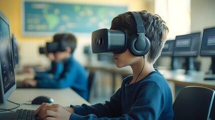 A young boy immersed in virtual reality while using a computer in a classroom setting, showcasing the integration of technology in education. 