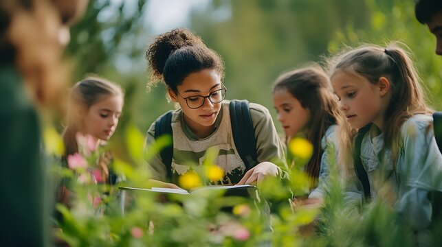 A focused young woman guides a group of children in an outdoor learning environment surrounded by vibrant flowers.