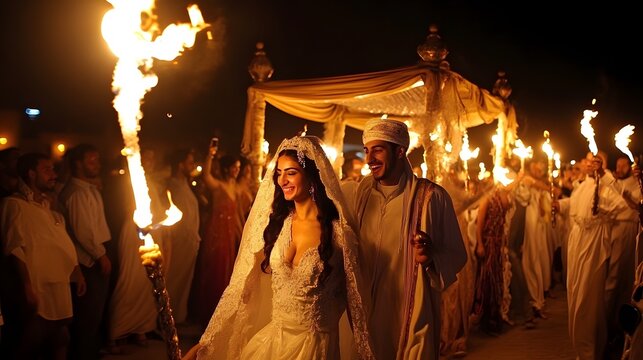 A joyful wedding procession at night featuring a bride in a flowing gown and groom, surrounded by guests holding torches, creating a magical atmosphere. 
