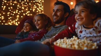 A joyful family enjoys movie night together, surrounded by festive decor and a bowl of popcorn. 