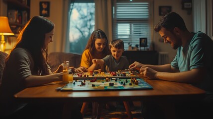 A cozy family game night scene with two adults and two children joyfully playing board games together in a warmly lit living room. 